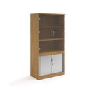 Dams systems combination unit with tambour doors and glass upper doors in oak finish, showcasing modern storage design.