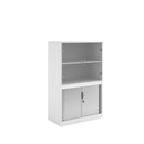 White Dams Systems Combination Unit with tambour doors and glass upper doors, showcasing modern storage design.
