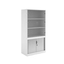 Dams white systems combination unit with tambour doors and glass upper doors, modern storage furniture for home or office.