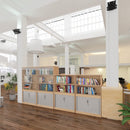 Dams Systems Combination Unit with tambour doors and open top in beech finish, featuring multiple storage compartments.