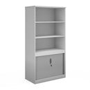 White Dams systems combination unit with tambour doors and open top, showcasing a modern office storage solution.