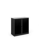 Black Bisley Systems Tambour Cupboard by Dams, showing the closed black metal storage cabinet with tambour doors.