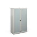 Grey Bisley Systems Tambour Cupboard by Dams, showing its sliding tambour door and modern storage design.