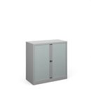 Silver Bisley Systems Tambour Cupboard by Dams with sliding tambour doors and sturdy metal construction.