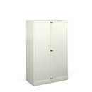 White Bisley Systems Tambour Cupboard by Dams with slatted tambour door and sturdy metal frame.