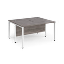 Dams Maestro 25 600mm deep back-to-back straight desks with bench legs in grey oak finish, shown from side view.