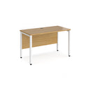 Dams Maestro 25 600mm deep straight oak desk with bench leg, showcasing a modern office workspace with clean lines and wood finish.