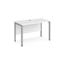 Dams Maestro 25 600mm deep straight white desk with bench leg, featuring a spacious surface and sturdy construction