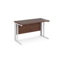Dams Maestro 25 600mm deep straight walnut desk with cable-managed legs, showcasing a modern office workspace.