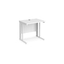 Dams Maestro 25 600mm deep white straight desk with cable-managed legs, showcasing a sleek modern workspace setup.