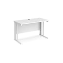 Dams Maestro 25 600mm deep straight white desk with cable-managed legs, clean modern design, and spacious workspace.