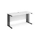 White Maestro 25 600mm deep straight desk with cable managed leg by Dams, showing the clean, modern workspace setup.
