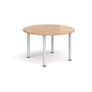 Circular radial leg meeting table in beech wood by Dams, with a smooth round surface and radial leg design for conference rooms.