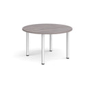 Grey oak circular radial leg meeting table by Dams with a modern design and sturdy metal legs, ideal for conference or meeting rooms.
