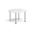 White Circular Radial Leg Meeting Table by Dams with a smooth tabletop and radial leg design for conference or meeting rooms.