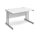 White Dams Momento 800mm deep straight desk with cantilever legs, featuring a sleek modern design and sturdy construction.