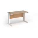 Vivo 600mm deep straight desk in beech wood finish with Dams brand label, showing a sleek, modern office workspace.