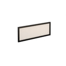 Dams straight glazed desktop screen in polar white with black aluminum frame, showing the sleek glass panel and modern design.