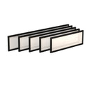 Dams straight glazed desktop screen in polar white with black aluminum frame, clear glass panel on a work desk.