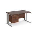 Dams Maestro 25 800mm deep straight desk in walnut with 2-drawer pedestal and cable management leg, showing clean workspace setup.