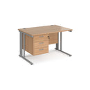 Dams Maestro 25 800mm deep straight desk with three-drawer pedestal and cable management leg in beech finish.