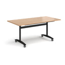 Black rectangular Deluxe Fliptop Meeting Table by Dams with beech top, shown with open fliptop and sturdy metal legs.