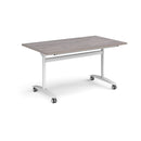 Rectangular Grey Oak Deluxe Fliptop Meeting Table by Dams, showing its sleek surface and sturdy black frame in a professional setting.