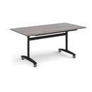 Rectangular Grey Oak Deluxe Fliptop Meeting Table by Dams, with a black frame and fliptop design for versatile conference room use.