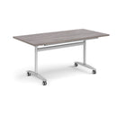 Rectangular Dams Deluxe Fliptop Meeting Table in Grey Oak with black base, ideal for conference and office meeting spaces.