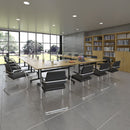 Grey oak rectangular Deluxe Fliptop Meeting Table by Dams with black frame, designed for versatile conference and office use.