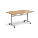 Rectangular Dams Deluxe Fliptop Meeting Table in oak with black finish, showcasing its sleek design and fliptop mechanism.