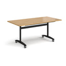 Rectangular Deluxe Fliptop Meeting Table by Dams in oak finish with black frame, ideal for conference and office spaces.