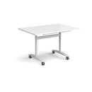 White rectangular deluxe fliptop meeting table by Dams with smooth surface and sturdy metal legs.