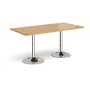 Dams Genoa rectangular oak dining table with a trumpet-shaped base, showcasing a sleek, modern design and smooth wooden surface.