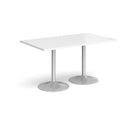 White Genoa rectangular dining table with Dams trumpet base, showcasing a sleek modern design and sturdy construction.