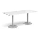 White Genoa rectangular dining table with Dams trumpet base, showcasing a sleek modern design and sturdy construction.