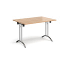 Beige rectangular folding leg table with curved foot rails and beech finish, ideal for versatile seating and workspace setups.