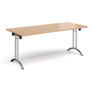 Beige rectangular folding leg table with curved foot rails from Dams, showing its sturdy beech wood frame and foldable design.