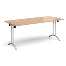 Beech rectangular folding leg table with curved foot rails by Dams, featuring a sturdy design and smooth folding mechanism.