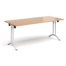 Beech rectangular folding leg table with curved foot rails by Dams, featuring a smooth surface and sturdy folding design.
