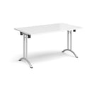 White rectangular folding leg table with curved foot rails by Dams, showcasing its sleek design and sturdy metal frame.