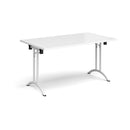 White rectangular folding leg table with curved foot rails by Dams, showcasing a sturdy design and smooth surface.