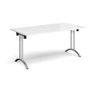 White rectangular folding leg table with curved foot rails by Dams, showcasing smooth surface and sturdy chrome frame.