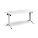 White rectangular folding leg table with curved foot rails by Dams, featuring a sleek chrome frame and sturdy design.