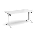 White rectangular folding leg table with curved foot rails by Dams, shown with chrome legs and sturdy construction.
