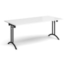 White rectangular folding leg table with curved foot rails by Dams, showing a sleek design and sturdy metal frame.