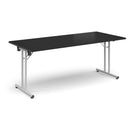 Black rectangular folding leg table by Dams with straight foot rails, shown in a compact, folded position.