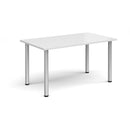 Dams rectangular radial leg meeting table in white with a smooth surface and sturdy wooden legs.