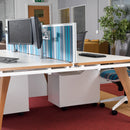 Dams Fuze Back To Back Desks in white, showing sleek modern design with connected work surfaces and sturdy legs.