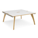 Dams Fuze Back To Back Desks in white and oak with clean modern design, featuring two connected work surfaces and storage compartments.